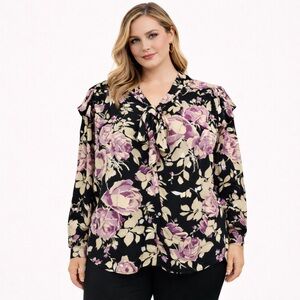 Lauren Ralph Lauren Black Label Blouse Womens Size XXL Floral Ruffle Long Sleeve
